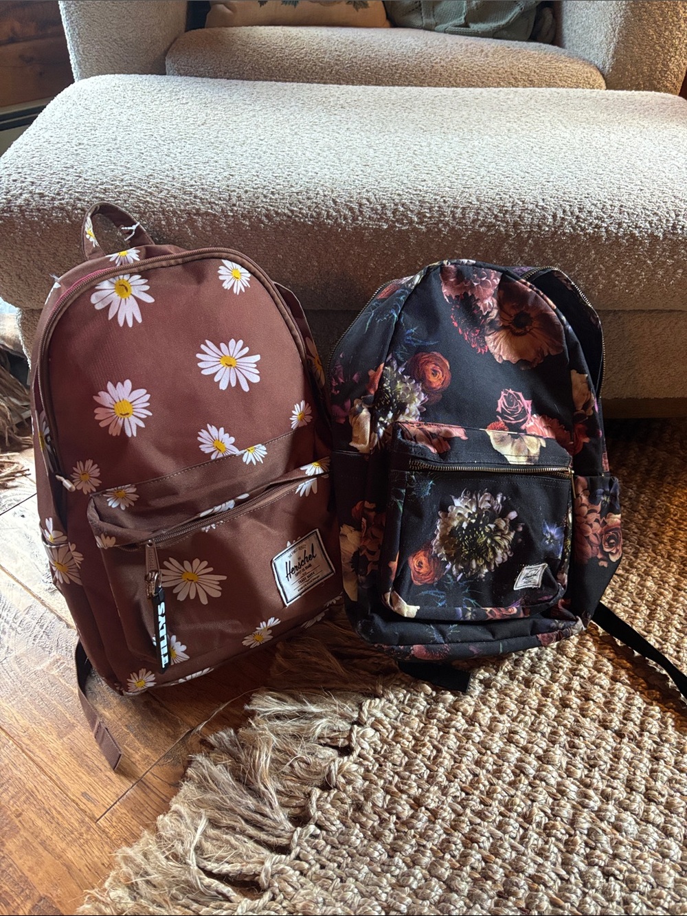 Herschel Heritage Daisy Print Brown Backpack and floral black Herschel bundle